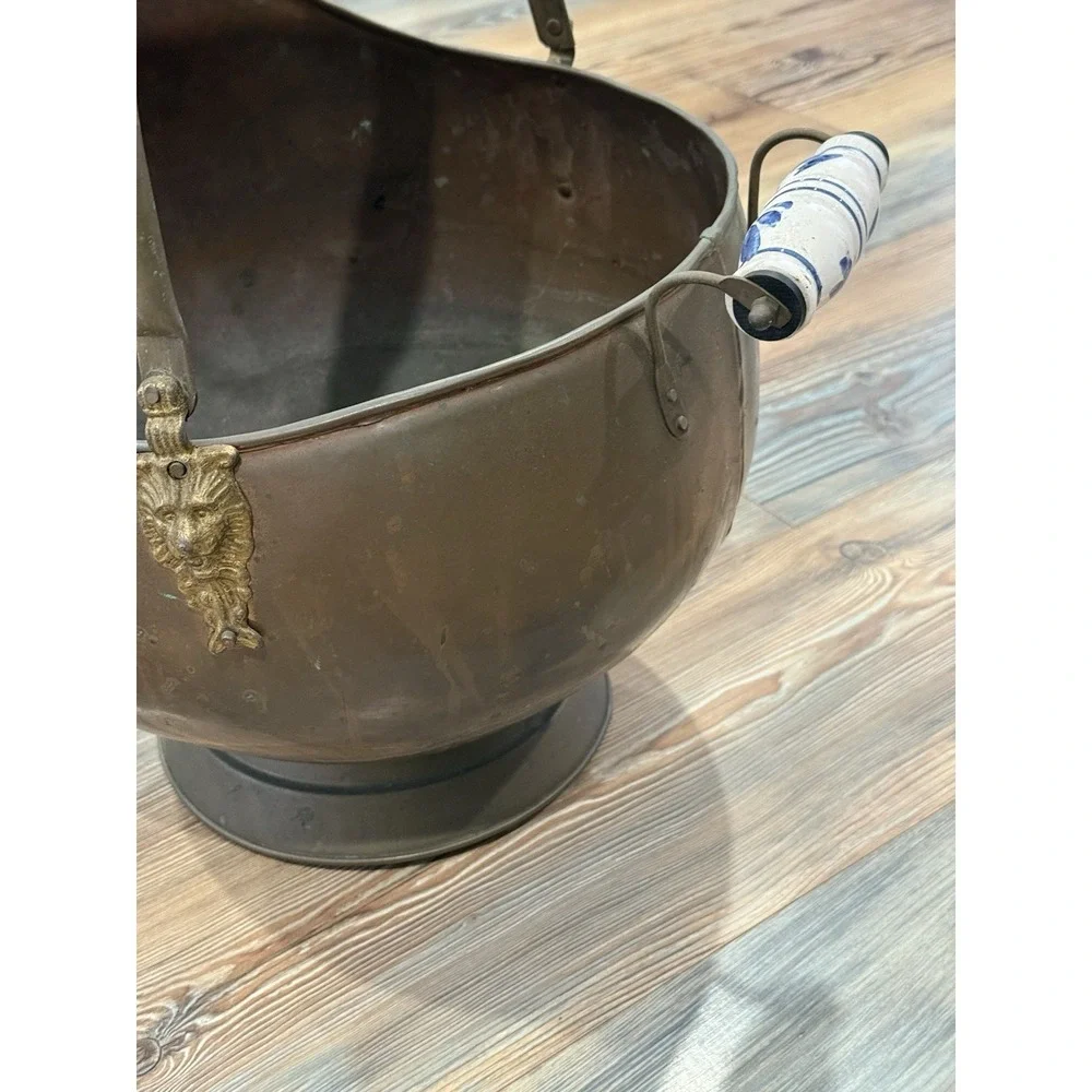 Vintage Copper Coal Scuttle/Bucket With Porcelain And Brass Accents